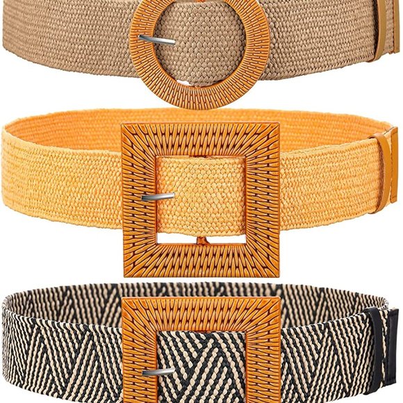 4 Pack Straw Woven Belt Elastic Stretch Rattan Waist Belt Women Skinny Raffia - Picture 3 of 5